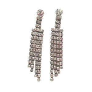 Clear Rhinestone Fringe Dangle Drop Earrings Silver Tone Vintage